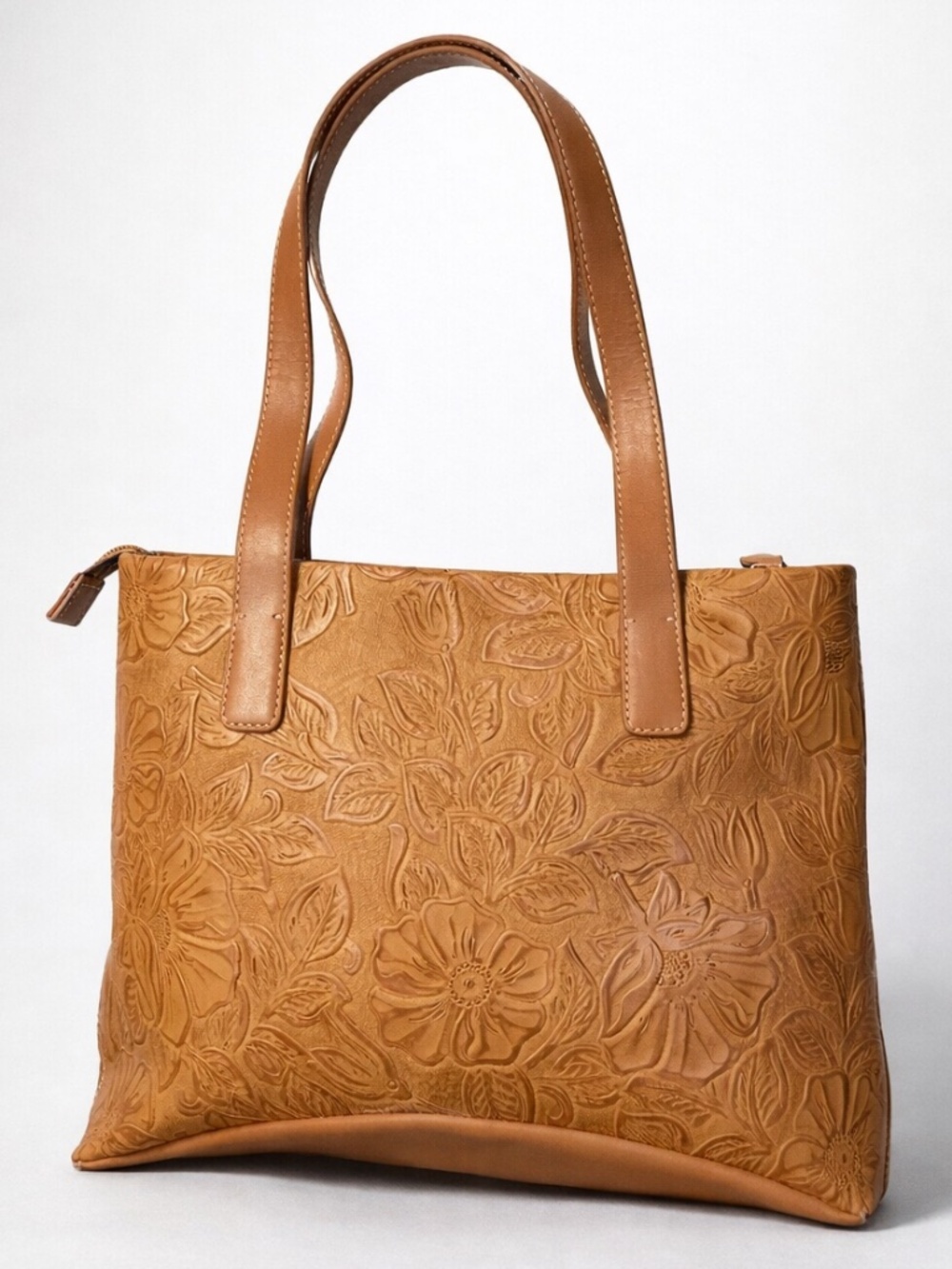 Tooled Embossed Floral Tan Brown Faux Leather Shoulder Tote Bag Zip Top